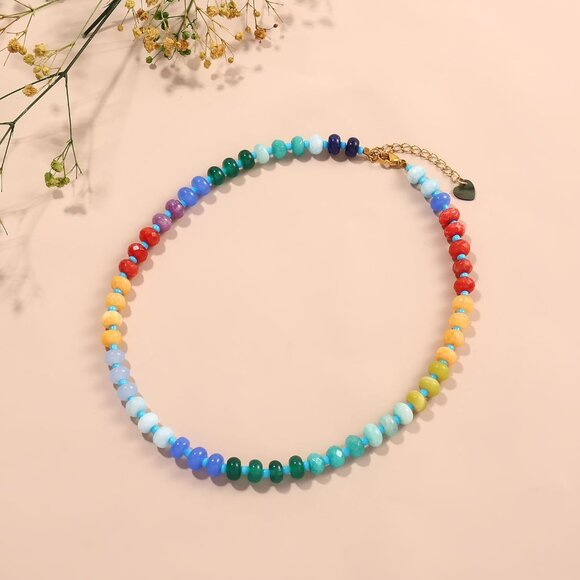Colorful Gemstone Beaded Necklace Stainless Steel Handmade Rainbow Jewelry - Picture 4 of 7